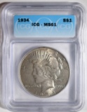 1934 PEACE DOLLAR, ICG MS-61