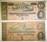 1864 $5 & $10 CONFEDERATE NOTES LOW GRADE