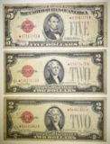 2 1928G $2 & 1928E $5 RED SEAL STAR NOTES