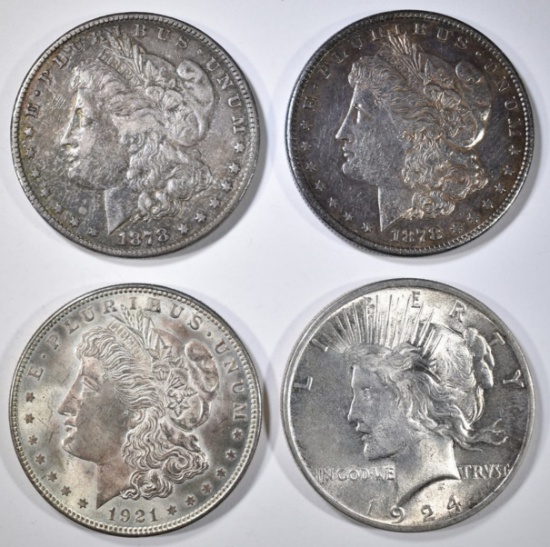 4 SILVER DOLLARS 2 1878-S, 1921, & 1924