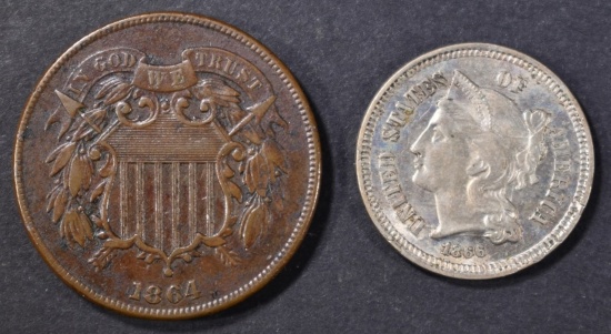 1864 2 CENT XF/AU & 1866 3 CENT NICKEL AU