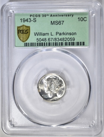 1943-S MERCURY DIME, PCGS MS-67