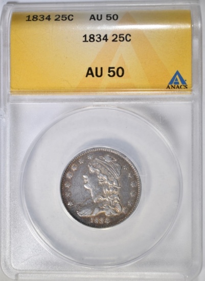 1834 BUST QUARTER, ANACS AU-50