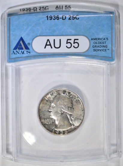 1936-D WASHINGTON QUARTER, ANACS AU-55