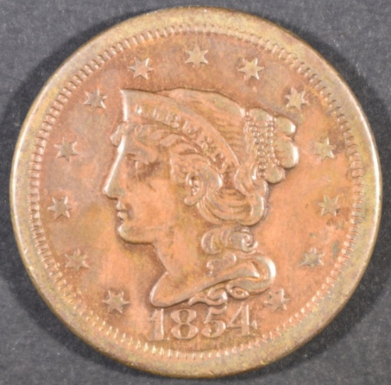 1854 LARGE CENT, AU WITH RED