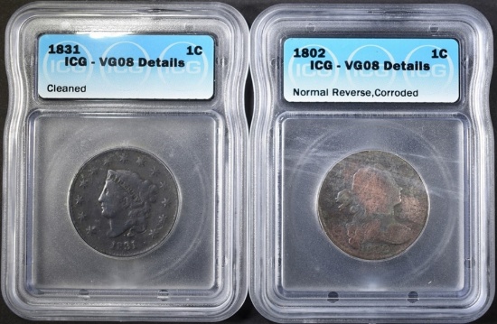 1802 & 1831 LARGE CENTS, BOTH ICG VG-8