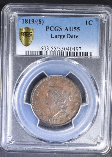 1819/8 LARGE DATE LARGE CENT, PCGS AU-55