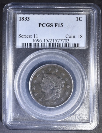 1833 LARGE CENT, PCGS F-15