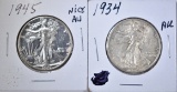 1934 & 45 AU WALKING LIBERTY HALF DOLLARS
