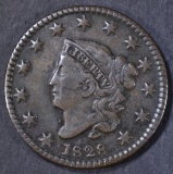 1828 LARGE CENT, SMALL WIDE DATE, XF BEAUTIFUL
