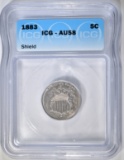 1883 SHIELD NICKEL, ICG AU-58