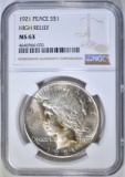 1921 HIGH RELIEF PEACE DOLLAR  NGC MS-63
