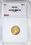 1911 $2.50 GOLD INDIAN, RNG CH BU