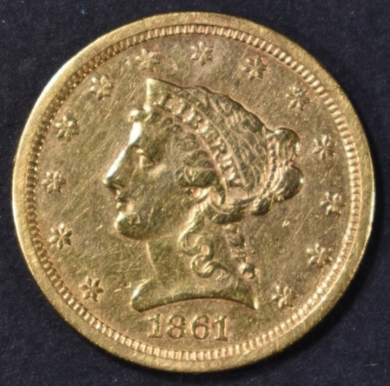 1861-S $2.5 GOLD LIBERTY XF SCARCE CIVIL WAR DATE