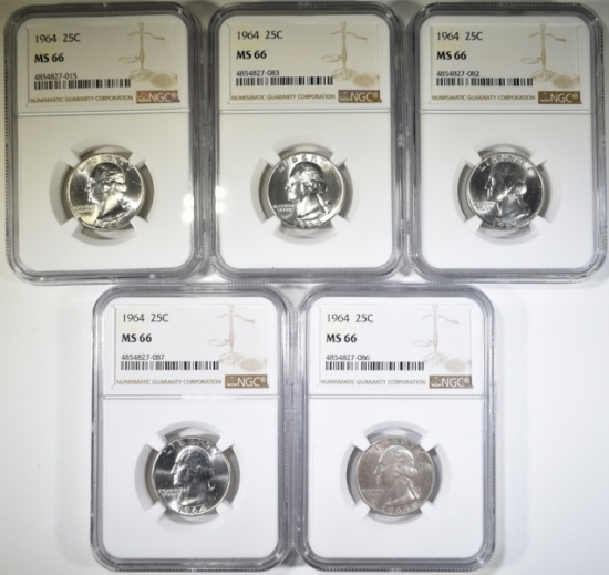 (5) 1964 WASHINGTON QUARTERS  NGC MS-66  TOUGH!