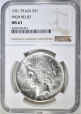 1921 PEACE DOLLAR NGC MS-63 HIGH RELIEF
