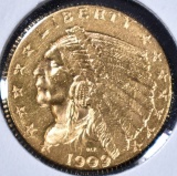 1909 $2.5 GOLD, NICE BU