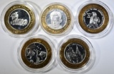 5 LIMITED EDITION $10 SILVER GAMING TOKENS
