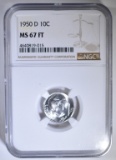 1950-D ROOSEVELT DIME NGC MS-67 FT