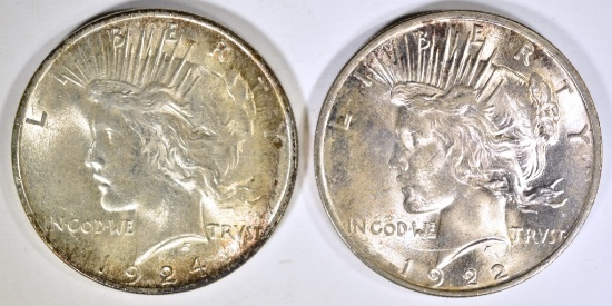 1922 & 24 PEACE DOLLARS CH BU