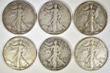 6 WALKING LIBERTY HALF DOLLARS MOSTLY XF