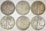 6 WALKING LIBERTY HALF DOLLARS MOSTLY VF-XF