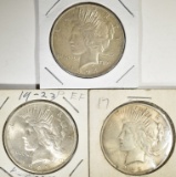 1922, 23, & 24 PEACE DOLLARS, VF