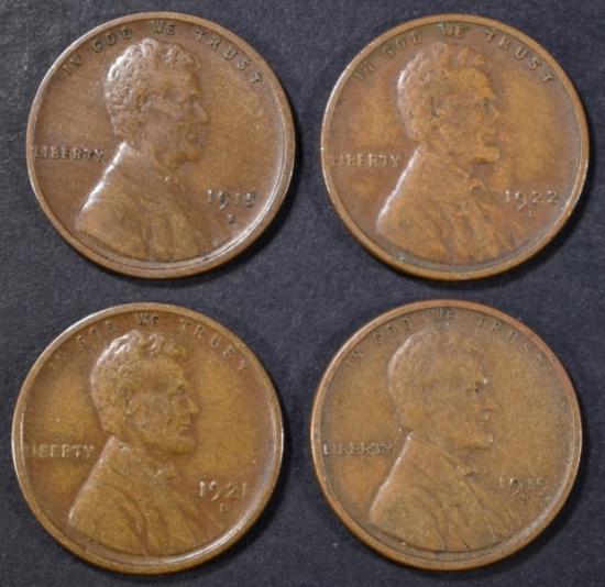 1915-S, 19-S, 21-S, 22-D LINCOLN CENTS MOSTLY XF