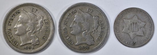 1852 3C SILVER VG, 1870 F & 1881 VF 3C NICKELS