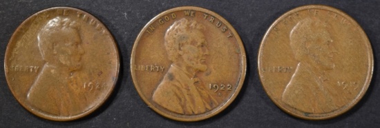 1919-S XF, 22-D VF, 24-D F LINCOLN CENTS