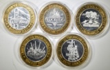 5 LIMITED EDITION $10 SILVER GAMING TOKENS