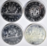 1963, 64, 65 & 66 CANADIAN SILVER DOLLARS