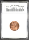 1972 DDO LINCOLN CENT FS-033.58 ANACS MS-64 RED