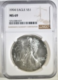 1994 AMERICAN SILVER EAGLE NGC MS-69 TONING