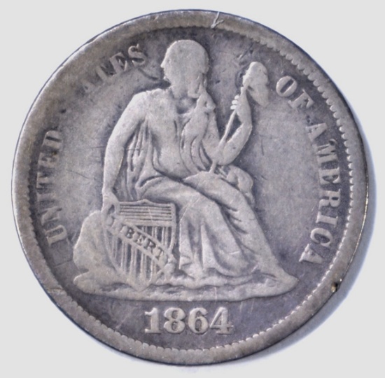 1864-S SEATED DIME, F/ VF