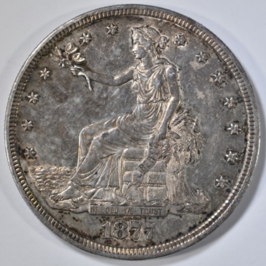 1877-S TRADE DOLLAR, CH AU- MARK ON REV.