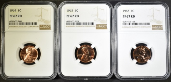 1962, 63, & 64 LINCOLN CENTS, NGC PF-67 RD