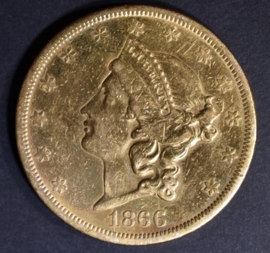 1866-S WITH MOTTO $20 GOLD LIBERTY AU CLEANED