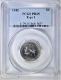 1942 JEFFERSON NICKEL TYPE 1 PCGS PR-65