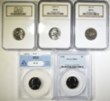 LOT OF 5 GRADED JEFFERSON NICKELS: