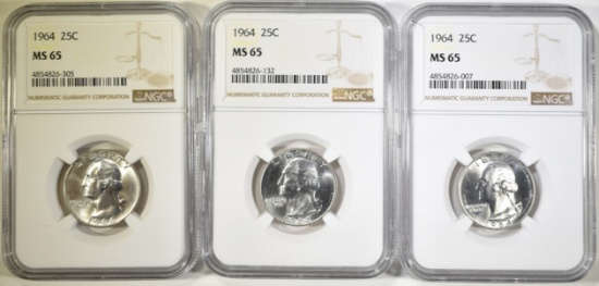 3-1964 WASHINGTON QUARTERS NGC MS-65