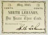 1864 NORTH LEBANON 3 CENTS BEARER NOTE, GEM