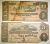1864 $5 & $10 CONFEDERATE NOTEA