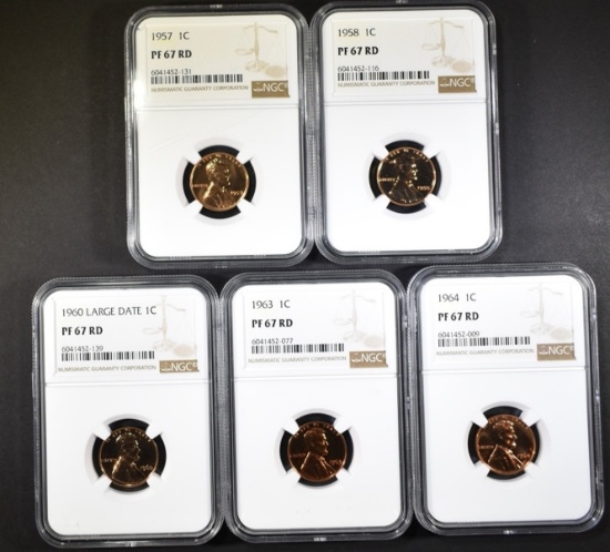 LOT OF 5 NGC PF-67 RD GRADED LINCOLN CENTS: