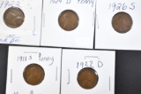 LOT OF 5 LINCOLN WHEAT CENTS: