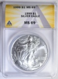 1999 AMERICAN SILVER EAGLE ANACS MS-69