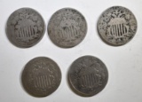 LOT OF 5 SHIELD NICKELS  3-1867 & 2- 1868.