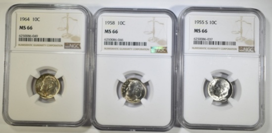 1955-S, 58, 64 ROOSEVELT DIMES NGC MS-66