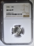 1951 ROOSEVELT DIME NGC MS-66 FT