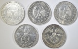 2-1935, 2-1936, 1-1939 GERMAN 5 REICH MARK COINS